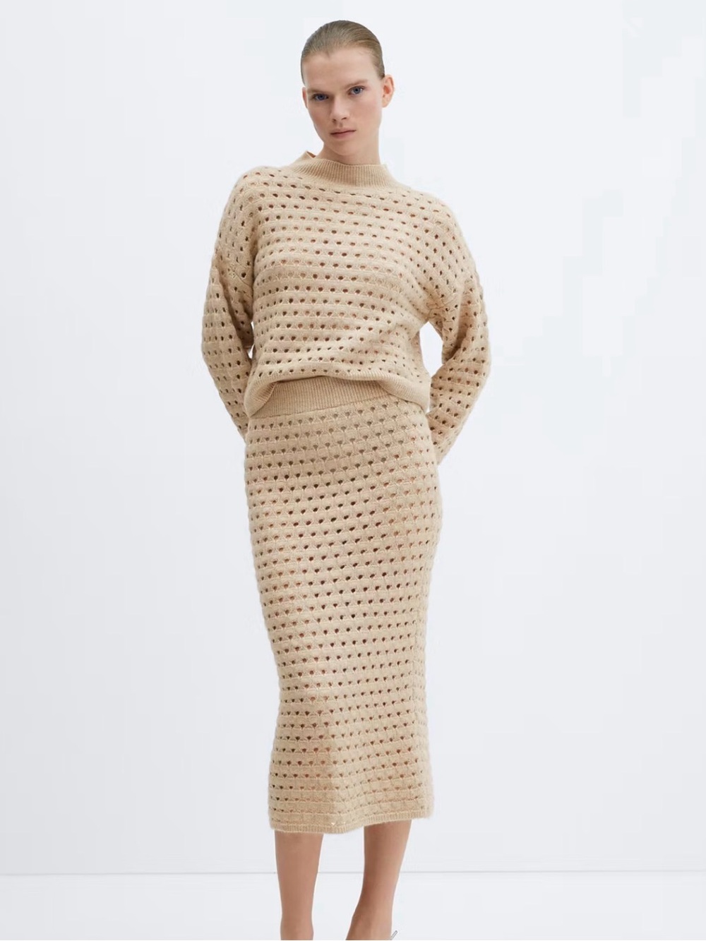 Mango Beige Crochet Knit Sweater & Skirt Set